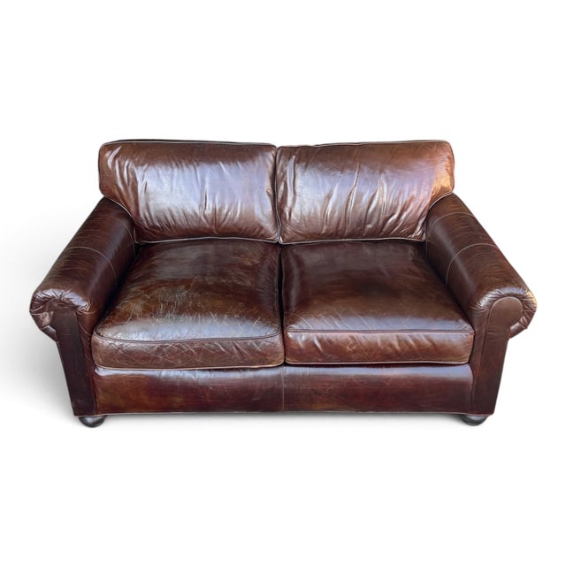 Restoration Hardware Brown Leather Two-Cushion Sofa With Rolled Arms and Bun Feet For Sale - Image 13 of 14