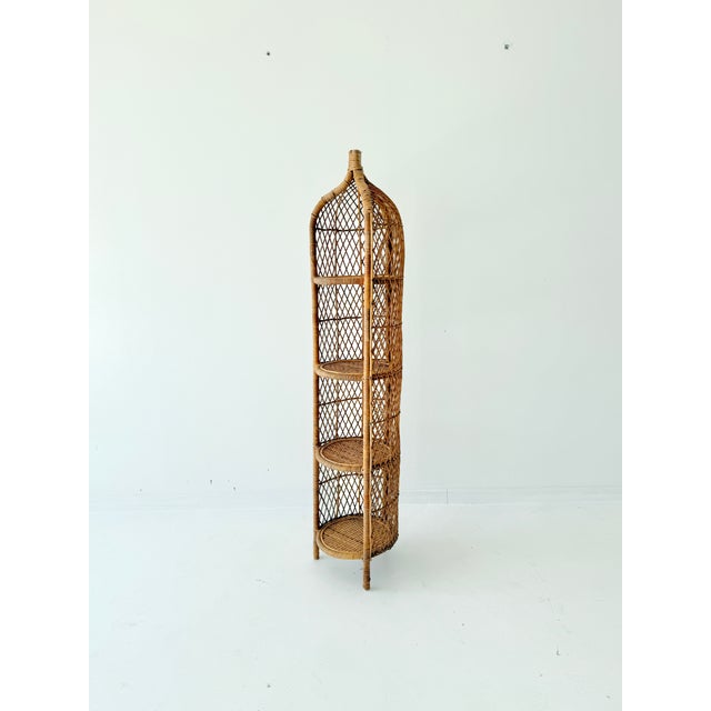 Vintage Boho Wicker Four-Tier Estagere Cylindrical Shelving Unit, 1970s, in Flawless conditions. Designed 1970 to 1979