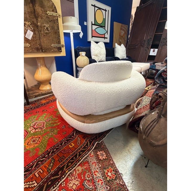 Custom Cream Color Boucle and Wood Lounge Chair For Sale - Image 11 of 11
