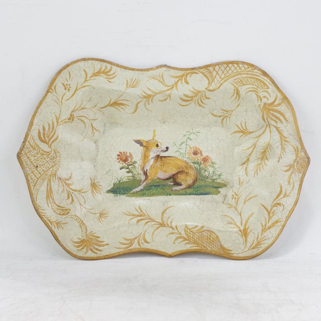 Vintage Hand Painted Tole Tray Cream With Dog and Sunflower Motif Scalloped Serving Tray For Sale - Image 13 of 13