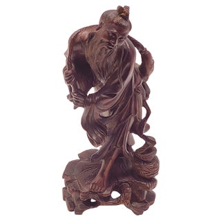 Republic Period Chinese Carved Wood Statue of a Fisherman, 1900s For Sale