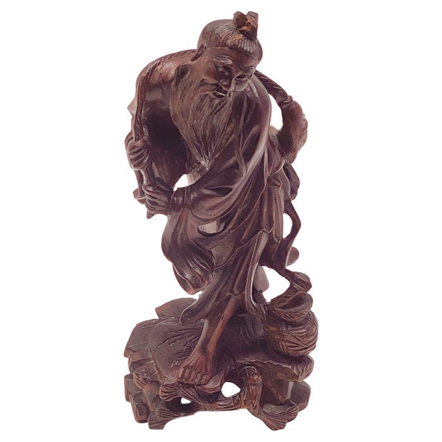 Republic Period Chinese Carved Wood Statue of a Fisherman, 1900s For Sale