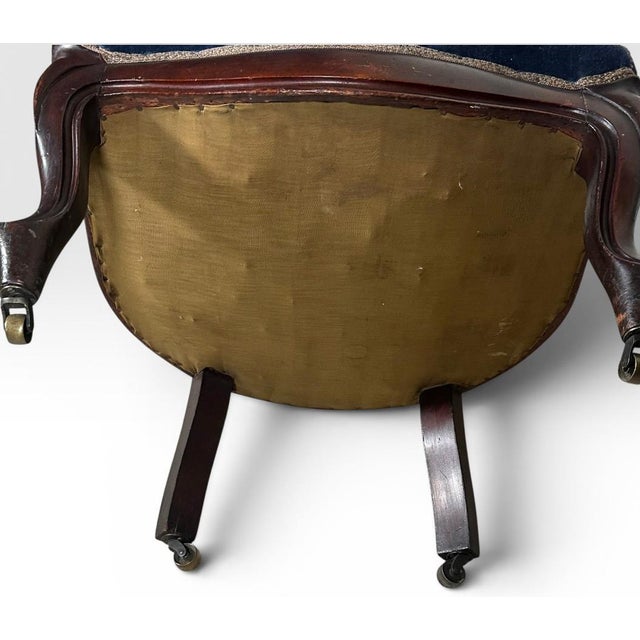 Antique Victorian Walnut Rococo Revival Navy Velvet Parlor Chair For Sale - Image 12 of 12