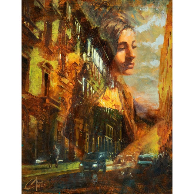 Lost in Thought by Christopher Clark | Oil Painting of a woman's face blending with a cityscape For Sale