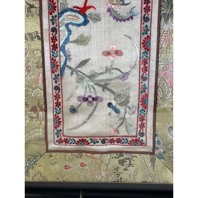Black Asian Chinoiserie Framed Faux Bamboo Embroidery Silk Textile Art For Sale - Image 8 of 12