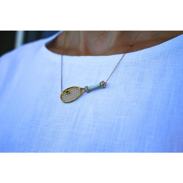 Metal Diamond White Pearl Emerald 18 Karat Gold Tennis Racket Charm Pendant Necklace For Sale - Image 7 of 17