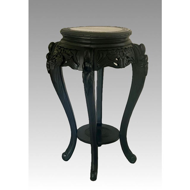 Japanese Antique Japanese Iris Pedestal / Plant Stand, Ebonised Carved Black Wood Side Table For Sale - Image 3 of 16
