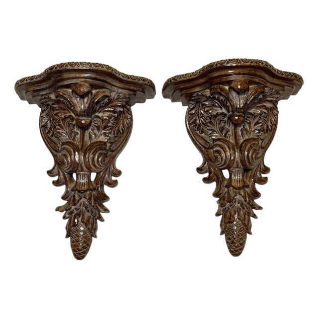 Pair or Vintage Baroque Wall Corbels • Large Acanthus Leaf Architectural Shelves For Sale