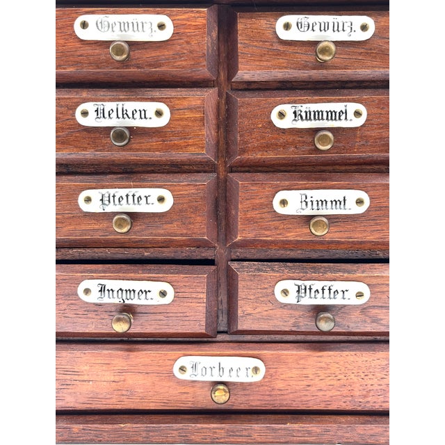 Black Antique Miniature Wooden Spice Cabinet with Porcelain Labels and 9 Drawers, 1960s For Sale - Image 8 of 14