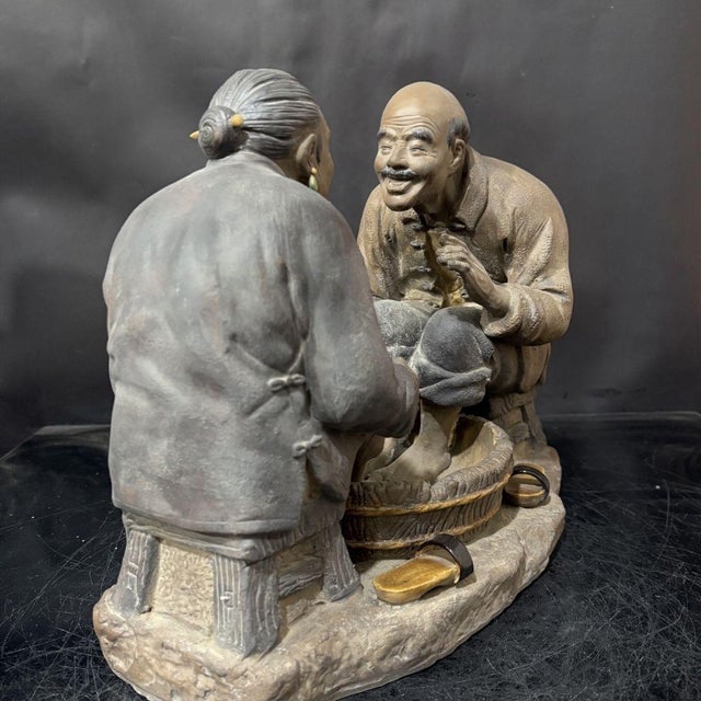 Vintage Shiwan Ware "Shared Joy" Figurine | Handmade Ceramic Elderly Couple Sculpture | 13" Wide For Sale - Image 4 of 9