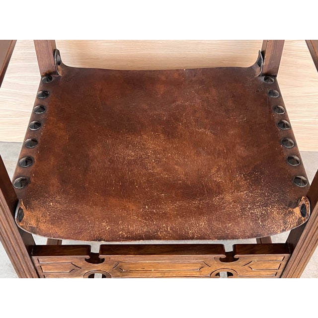 19th Century Spanish Colonial Altar Carved Armchair With Leather Seat and Back For Sale - Image 10 of 12