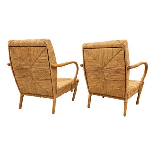 Vintage Japanese Lounge Chairs in Wood and Woven Jute, 1970s, Set of 2 For Sale