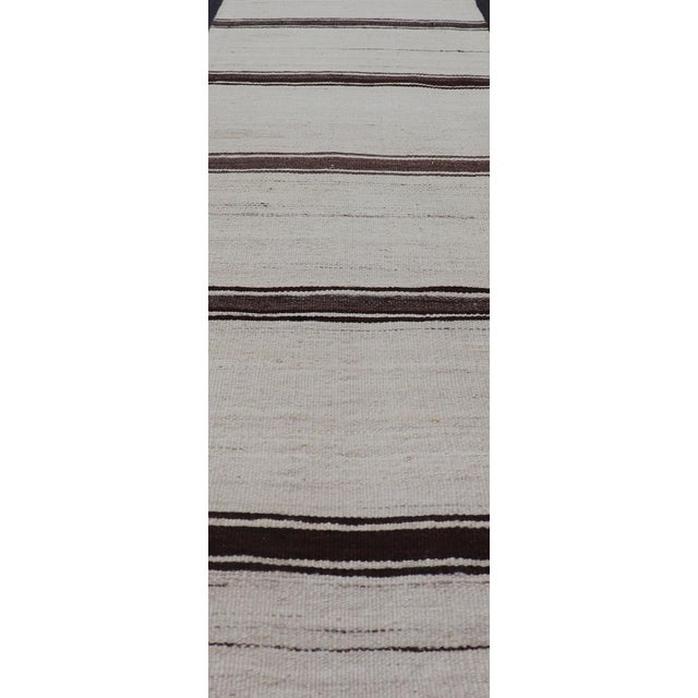 Mid 20th Century Vintage Turkish Kilim Small Runner With Ivory and Dark Brown Stripes 2'0 X 7'10 For Sale - Image 5 of 11
