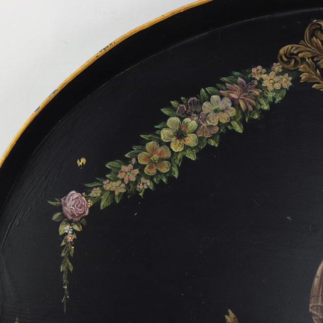 Black Vintage Hand Painted Tole Tray Black Lacquer With Classical Cameo Portrait and Golden Owl Motif For Sale - Image 8 of 18