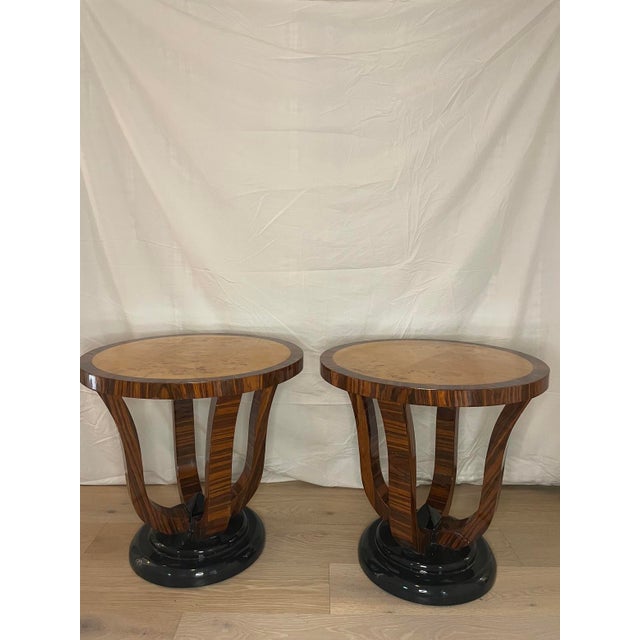 Pair of Italian Art Deco Style Macassar Wood & Burl Round Side Tables For Sale - Image 4 of 7