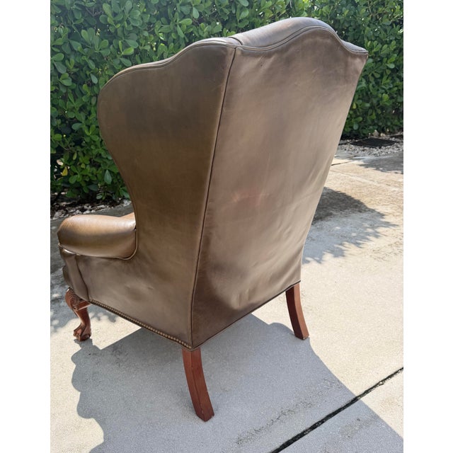 Animal Skin Vintage Ethan Allen Leather Wingback Armchair With Carved Claw Feet For Sale - Image 7 of 12