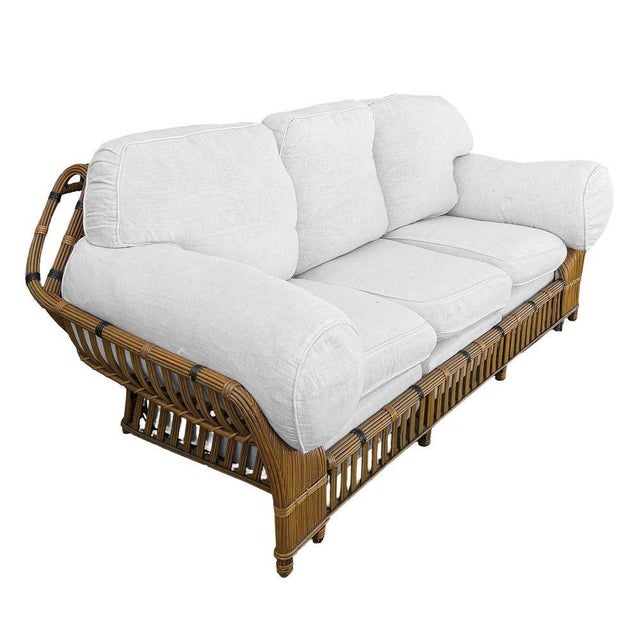 1980s 1980s Stick Reed Rattan Sofa & Chair Living Room Set W/ Overstuffed Cushions For Sale - Image 5 of 12