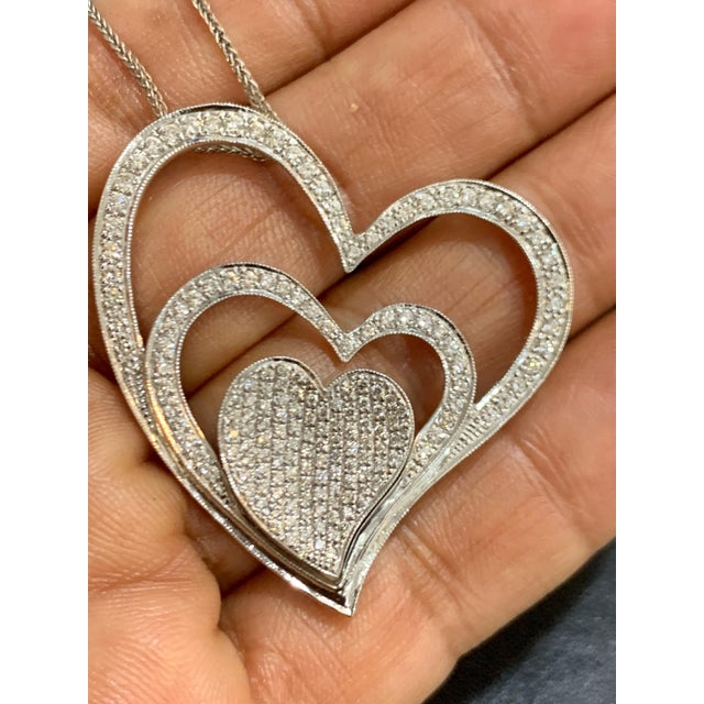 Metal 3.6 Ct Diamond 3 Heart Pendant or Necklace 18 K White Gold With 14 K Gold Chain For Sale - Image 7 of 8
