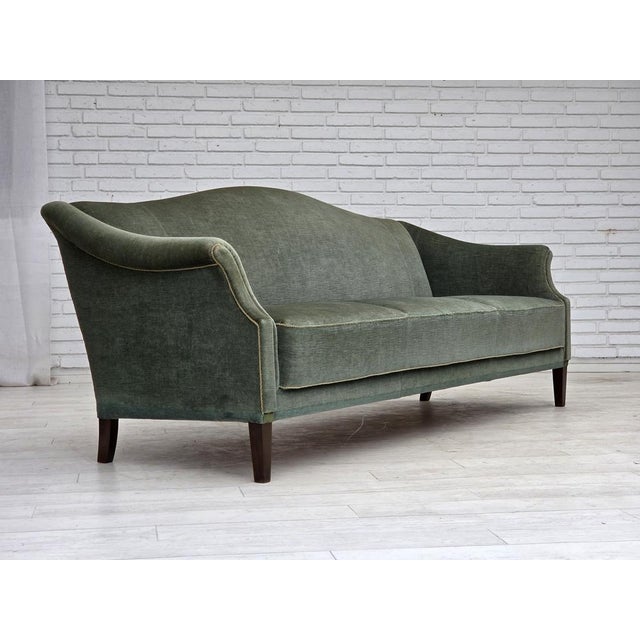 1960s, 3-seater Danish sofa. Green furniture velour, beech wood legs, brass springs in the seat. Original good condition:...