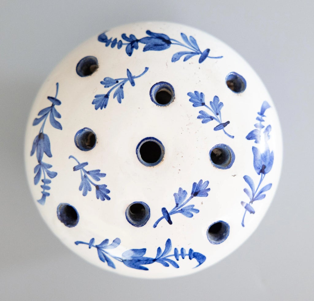Antique French Faience Blue & White Floral Flower Frog Vase  display picture 3