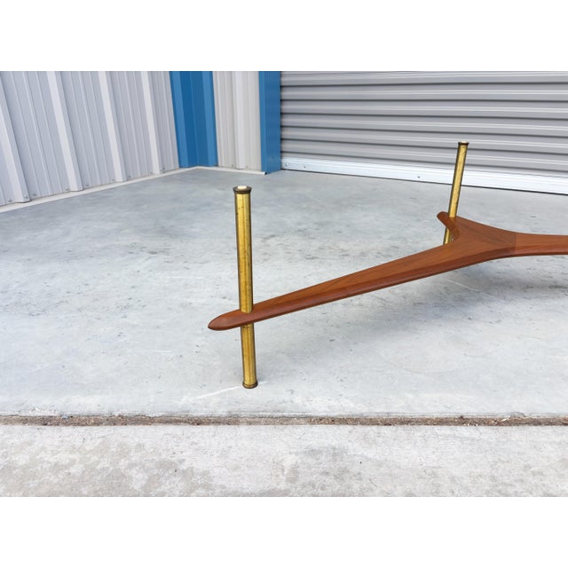1960s Mid-Century Modern Freeform Glass Coffee Table With Walnut and Brass Base For Sale - Image 11 of 14