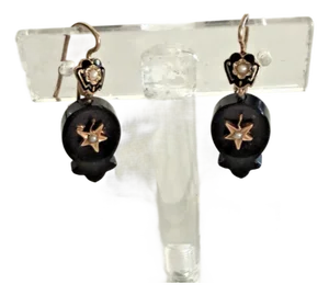 19th Century Pair of Victorian Mourning Earrings: Rose Gold, Black Onyx, and Pearl Dangling Earrings