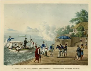 After J. Alphonse Pellion, Illustration of the French Disembark at the Portugese Settlement of Dille, Timor, 1825, Print