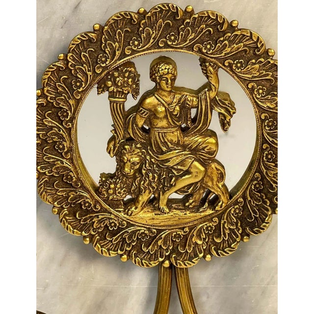 Metal 1950s French Bronze & Mirror Medallion 'America & Europe' Wall Sconces - A Pair For Sale - Image 7 of 11