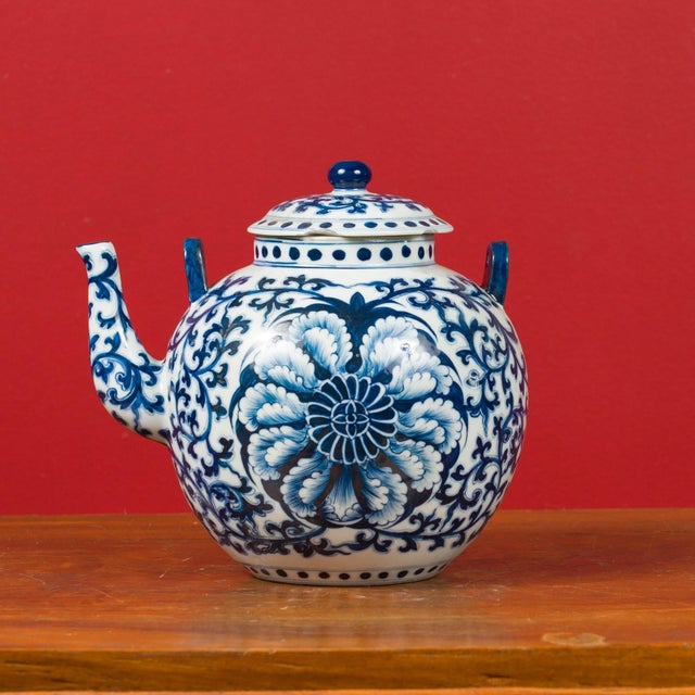 Chinese Vintage Blue and White Porcelain Teapot with Scrolling Foliage