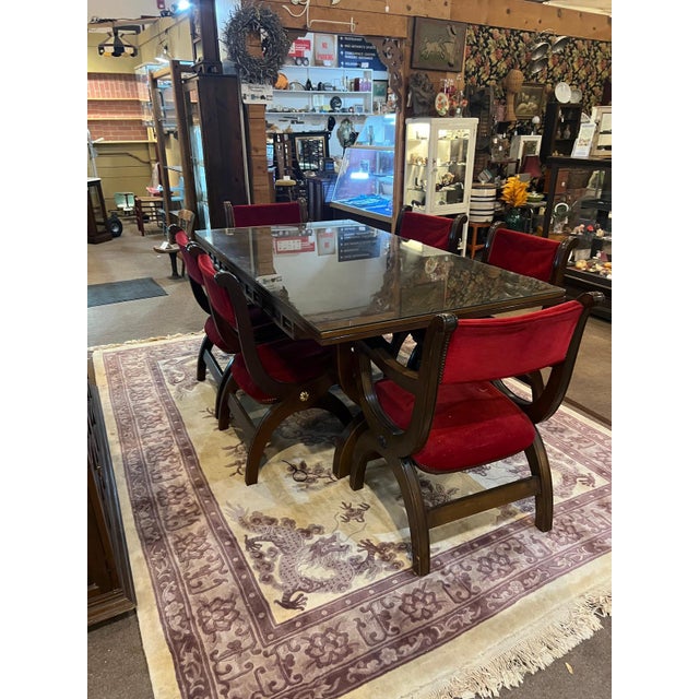 Custom Vintage 1960s Mid Century Modern Marlau of Madrid Glass Top Dining Table With 6 Red Velvet Curule Style Dining Chairs For Sale - Image 4 of 12
