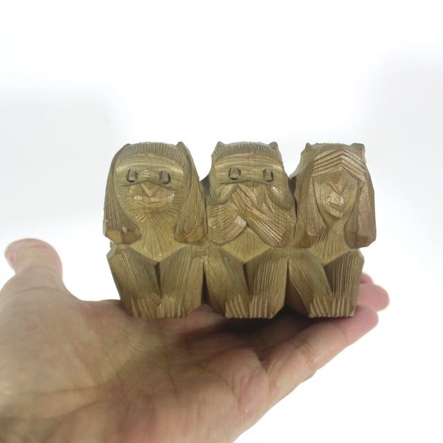 Wood Vintage Carved Wood Three Wise Monkeys, Figurine, See No Evil Speak No Evil Hear No Evil Small Monkey For Sale - Image 7 of 7