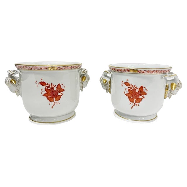 Hungarian Porcelain Apponyi Orange Cachepots from Herend, 1960s, Set of 2 For Sale