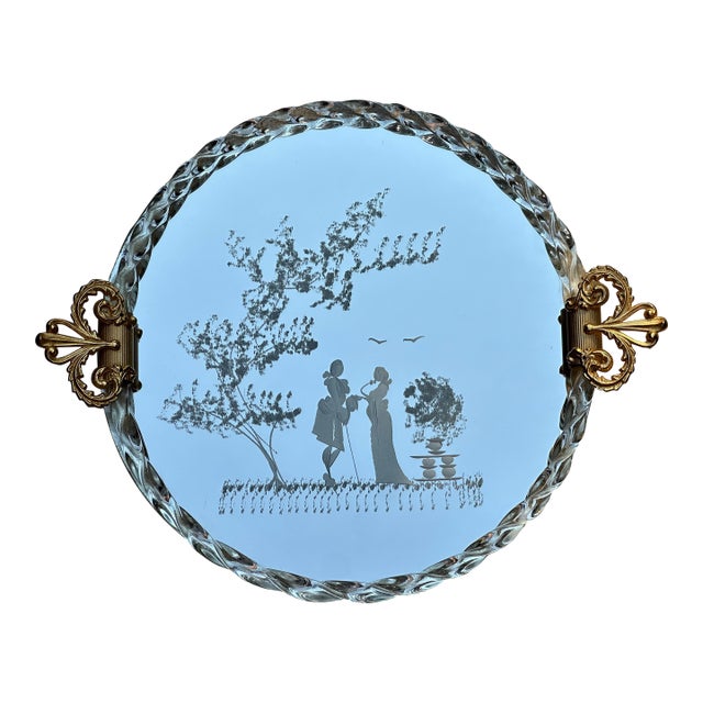 Vintage Venetian Murano Rope Glass Vanity Tray Midcentury Italian Design Gold Brass Handles For Sale