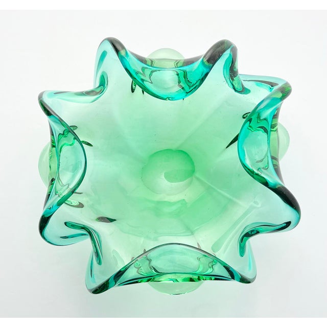 1960s Mid-century Murano Sommerso Emerald Green Flared Scalloped Bowl 8 1/4” Good vintage condition. No chips, cracks, or...