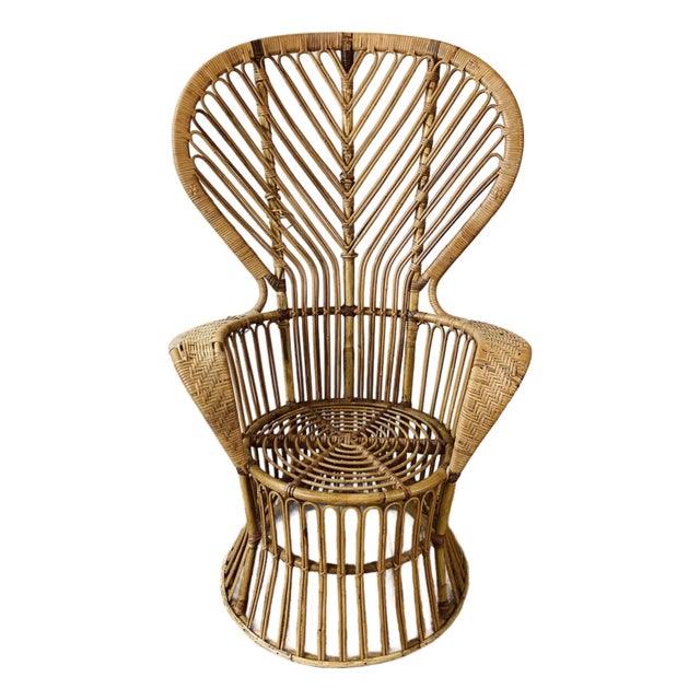 Vintage 1960s Rattan Peacock Chair Italian Modern Gio Ponti Style For Sale