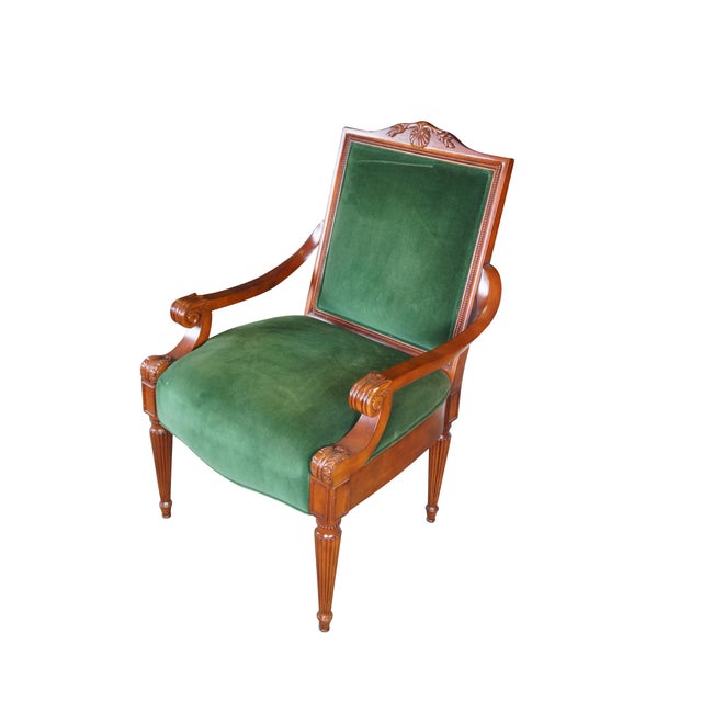 Traditional Vintage French Empire Style Birch Upholstered Library Accent Arm Chair Green For Sale - Image 3 of 13