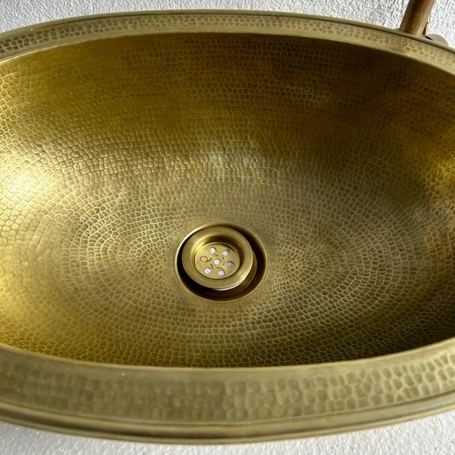 Oval Hammered Brass Drop-In Bathroom Sink, Rustic Moroccan Handmade & Brass Drain For Sale - Image 9 of 9