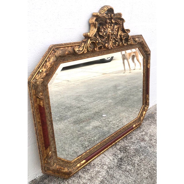 Large Vintage Mid Century Red Column Gold Gilt Beveled Glass Hanging Wall Mirror For Sale In West Palm - Image 6 of 11