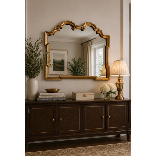 Striking vintage La Barge wall mirror featuring an architectural Hollywood Regency silhouette with stepped pagoda-style...