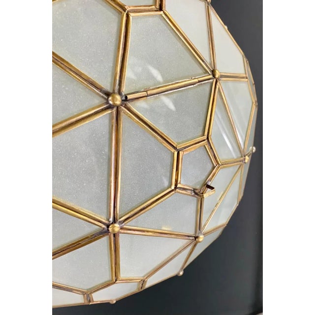 Brass Art Deco Style Globe White Milk Glass & Brass Pendant Chandelier Lantern For Sale - Image 8 of 15