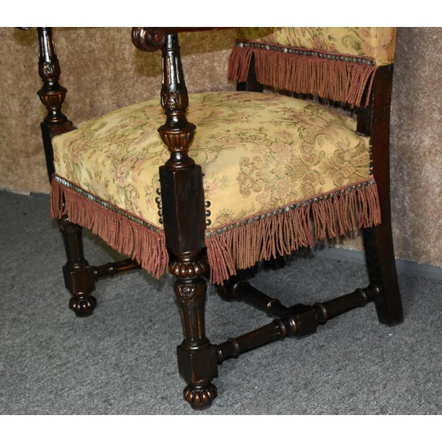 Wood Antique Carved Oak Armchair Tudor Jacobean Style High Back Tapestry Fringe 1920s For Sale - Image 7 of 13