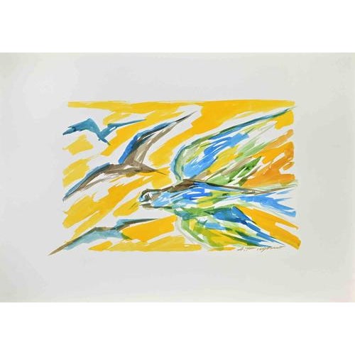 Contemporary Arturo Pagano, Birds, 1980s, Watercolor For Sale - Image 3 of 3