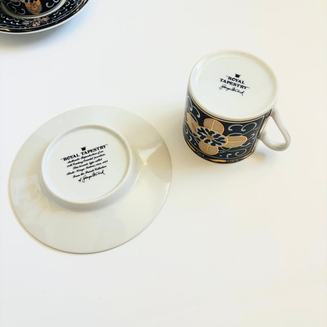 A set of 5 vintage porcelain mugs and saucers by Georges Briard in the "Royal Tapestry" pattern. Beautifully intricate...