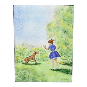 Late 20th Century Dom Dominic Mingolla Enamel on Copper Painting Girl With Dog in Field