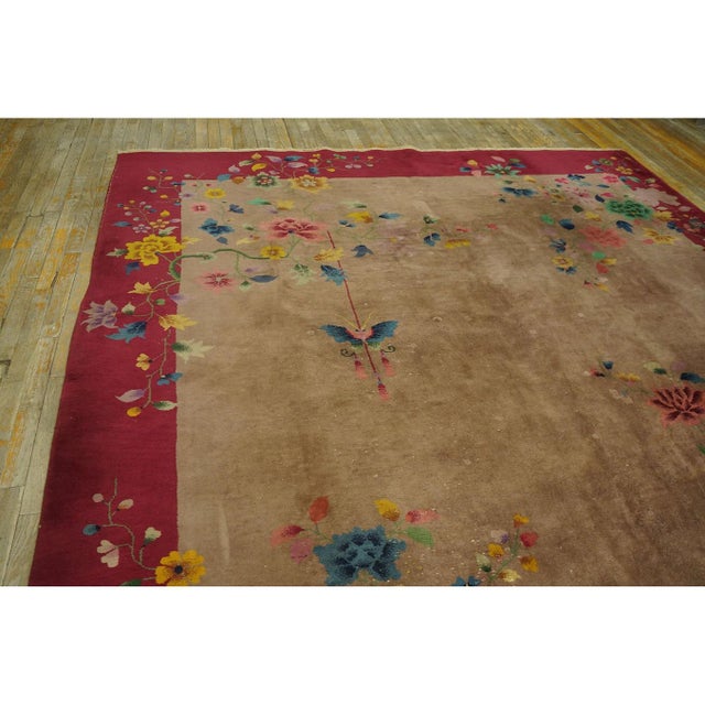 1920s Tan Ecru Floral Shah Abbas Antique Chinese Art Deco Wool Rug 8'8''x 11'6'' For Sale In New York - Image 6 of 10