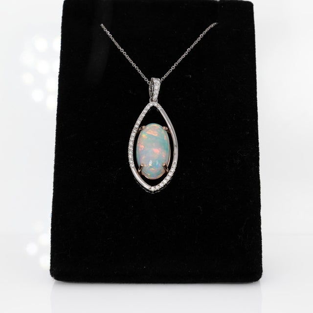 4.4ct Ethiopian Opal & Natural Diamond Accent Pendant | Solid 14k Gold, 16x9.5mm For Sale In Columbus - Image 6 of 8