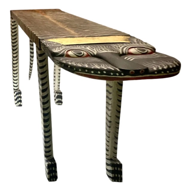 Late 20th Century Tibetan Tiger Console Table, Hand-Carved & Painted Wood, Safari, 59"w For Sale