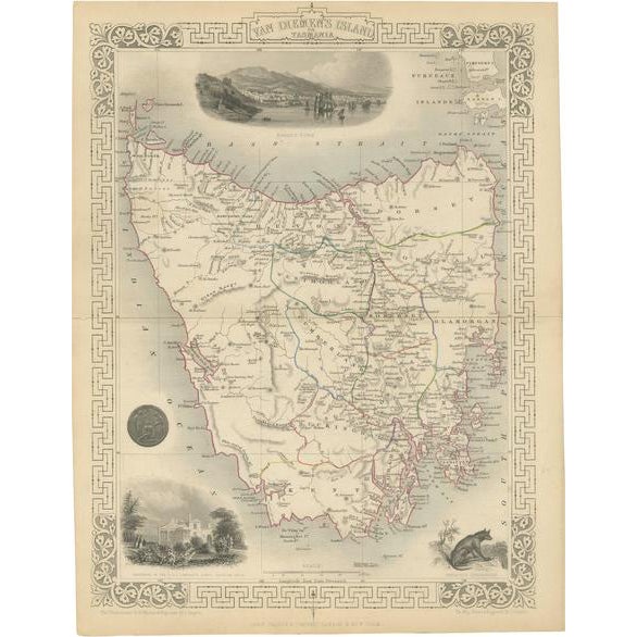 Map of Tasmania with Illustrations of Local Fauna and Colonial Landmarks, 1851 For Sale