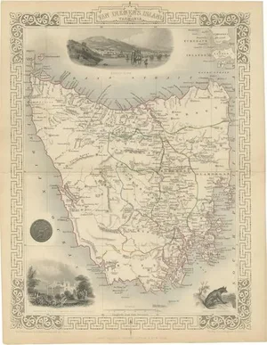 Map of Tasmania with Illustrations of Local Fauna and Colonial Landmarks, 1851