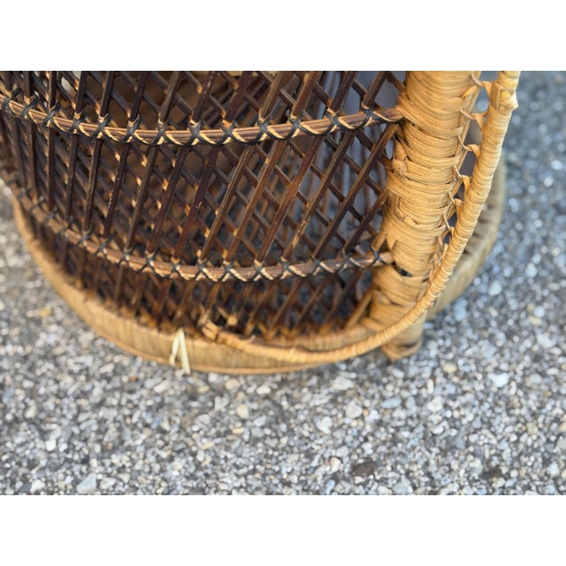 Brown 1970s Boho Coastal Wicker Rattan Barrel Chairs With Matching Drum Table – Set of 3 For Sale - Image 8 of 12